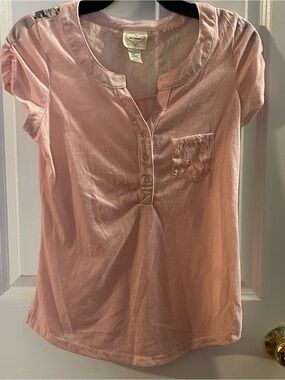 Self Esteem Light Pink Lace Pocket Short Sleeve Top